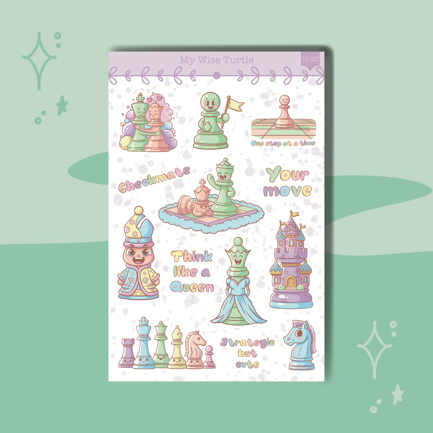 Colorful cartoon chess pieces on a pastel background