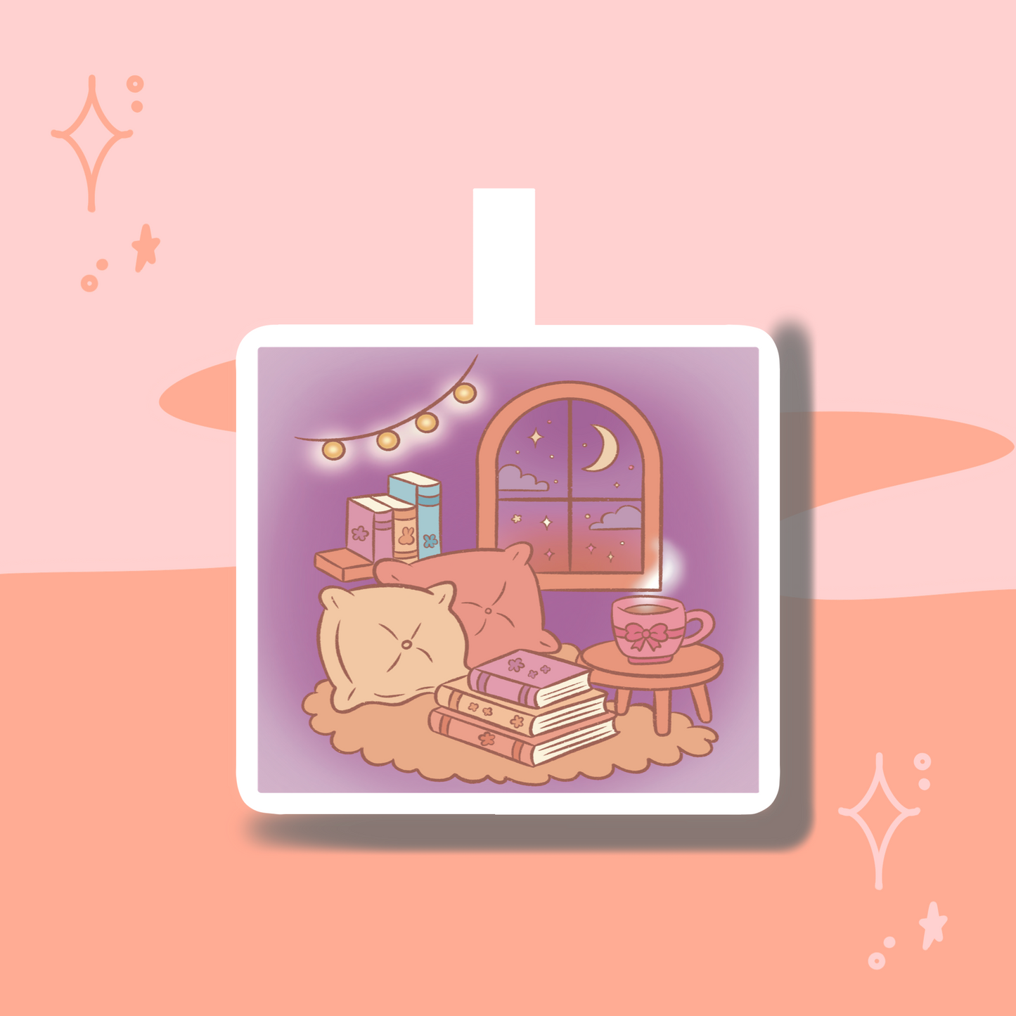 Illustration of a cozy room with books, a pillow, and a window on a pink background