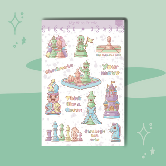 Colorful cartoon chess pieces on a pastel background