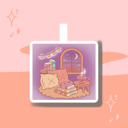 Illustration of a cozy room with books, a pillow, and a window on a pink background