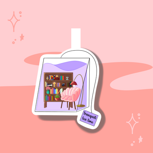 Sticker with a relaxing room illustration and 'Tranquil tea time' text on a pink background