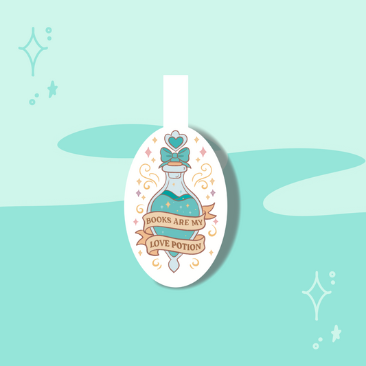Decorative tag with 'Books are my love potion' text on a light blue background